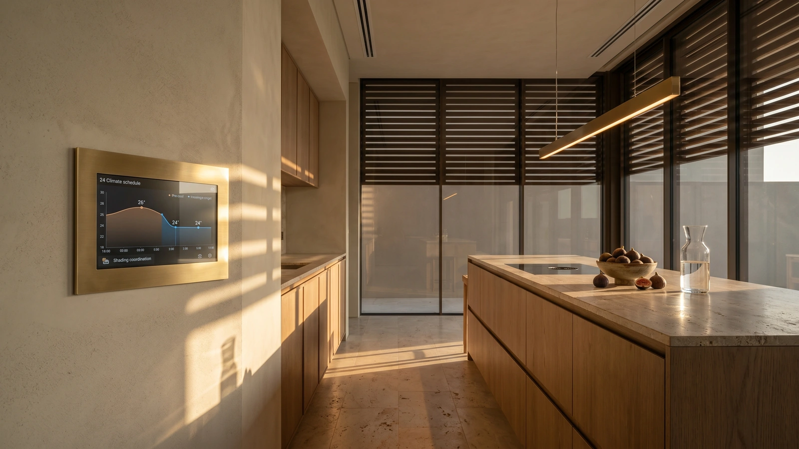 Brushed brass climate touch panel in a Dubai villa kitchen displaying a 24-hour pre-cool schedule with shading coordination